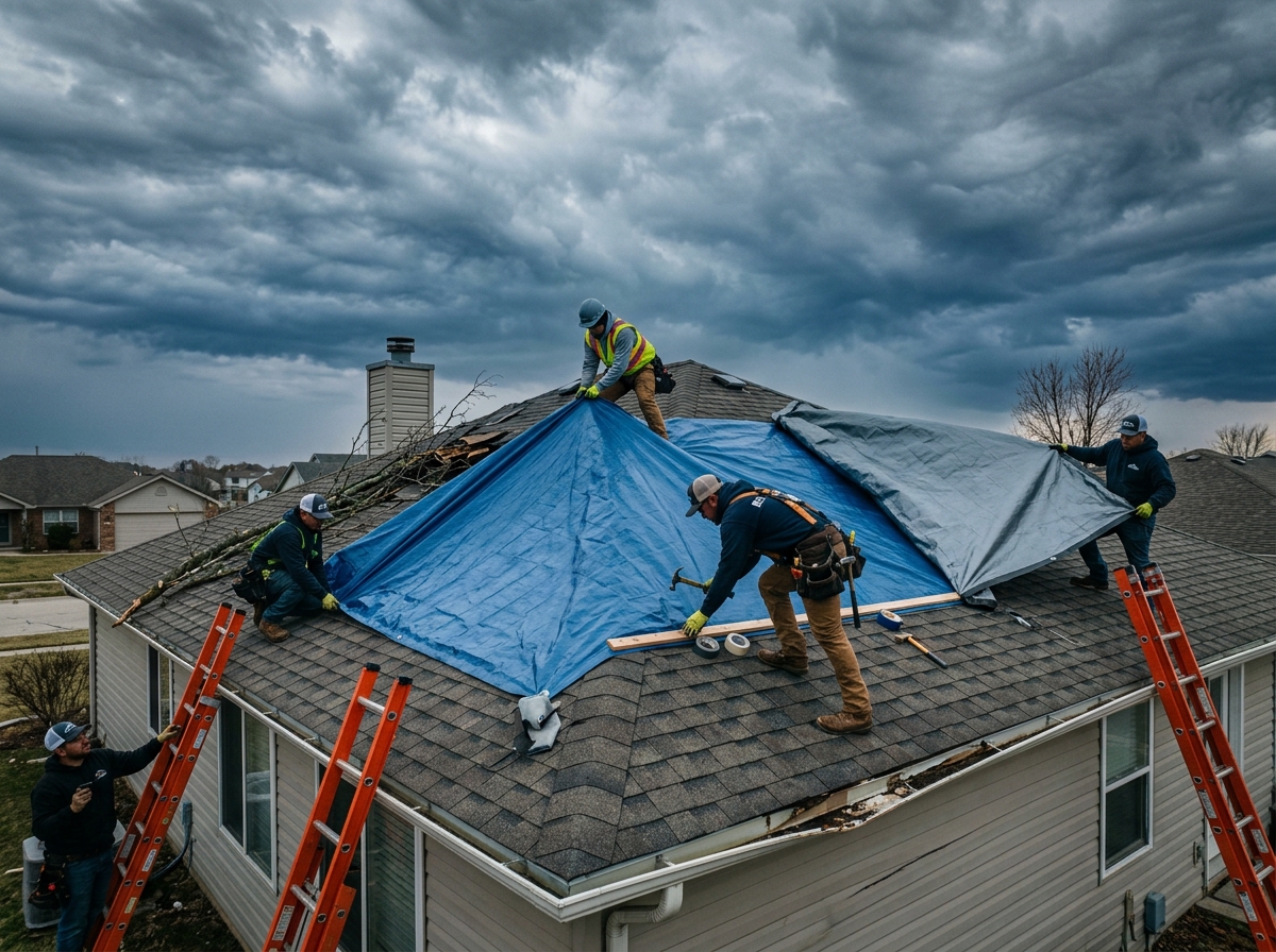 Emergency roof tarping and repair service in Benton