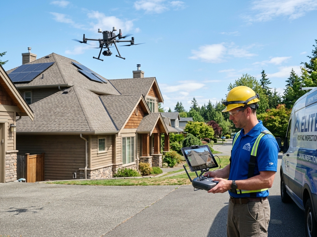 Roofer performing detailed drone inspection in Benton